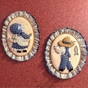 Vintage Amish Made Wall Art Boy Girl Oval Hoops Fabric Lace 15" x12" Holly Hobby